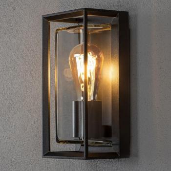 Aplique de exterior Konstsmide Brindisie con sensor de luz, marco abierto negro, vidrio transparente, casquillo E27, clasificación IP54