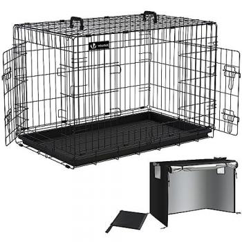 Jaula Plegable para Perros de Alambre Metálico con 2 Puertas, Cubierta y Bandeja Extraíble 92x58x64cm Negra