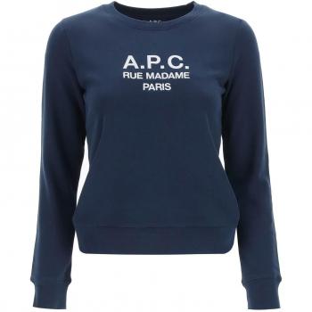 A.P.C. Women's Marine Blue Tina Sweatshirt with Embroidered Logo, Size Small