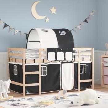 Cama loft infantil con túnel 90x200 cm en madera de pino blanco y negro