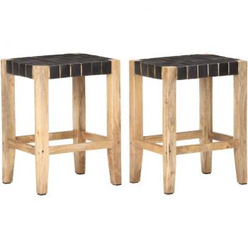 Taburetes de Bar 2 piezas cuero genuino negro y madera de mango, dimensiones 46x36x60 cm