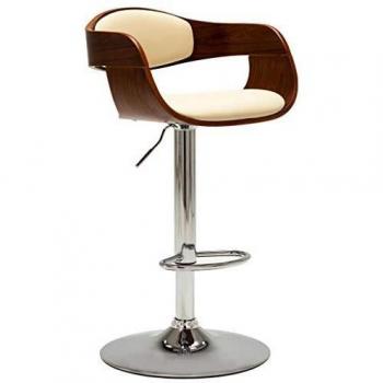 Cream Curved Wood and Faux Leather Bar Stool