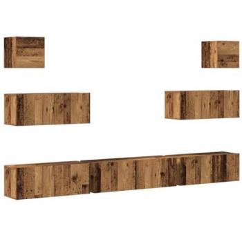 Conjunto de mueble de TV 7 piezas montado en la pared de madera envejecida y madera compuesta