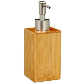 Relaxdays Dispensador de jabón rellenable, dispensador de jabón líquido de bambú y plástico, 200 ml, para baño, Color Natural y Plateado