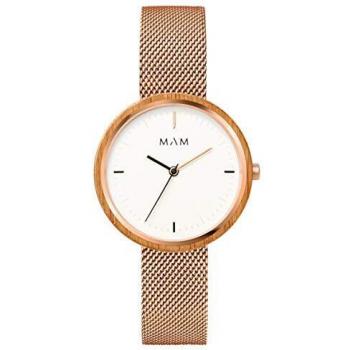 Reloj MAM mujer madera con malla milanesa en acero rosado.669