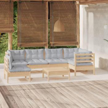 7-Piece Pinewood Garden Lounge Set with Gray Cushions