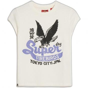 Camiseta de manga corta para mujer Superdry con adornos Poster blanca
