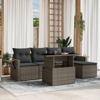 6-Piece Grey Poly Rattan Garden Sofa Set with Cushions