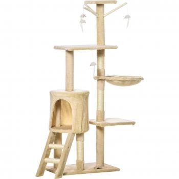 PawHut Árbol para Gatos Rascador Grande con Nidos, Plataformas, Casetas, Ratón de Juego, Cubierto de Felpa Beige 50x35x131-134