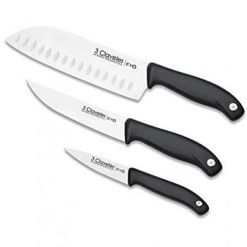 Set de 3 Cuchillos Claveles EVO - Verduras 9cm, Cocina 13.5cm y Santoku 18cm en Acero Inoxidable con Mango de Polipropileno, Ligero y Resistente