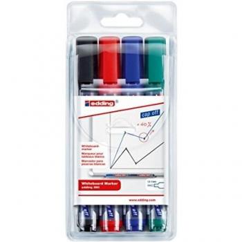 Marcador Edding 360 para Pizarra Blanca, Set de 4 Colores (Negro, Rojo, Azul, Verde), Punta Redonda, Trazos de 1.5-3 mm, Recargable