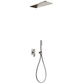 Tres Griferia - Kit De Ducha Monomando Empotrado Con Cierre Y Regulación De Caudal. · Cuerpo Empotrado Incluido · Rociador Ducha Inox A Pared 160X550 Mm. · Soporte Con Toma Pared. · Ducha Móvil Anticalcárea. · Flexo Satin