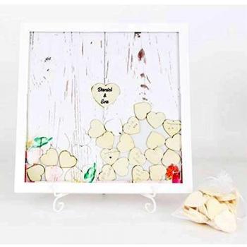 Didart Handmade Cuadro Boda Comunión Aniversario. 80 Corazones DE Madera. Libro de visitas. Firmas Invitados. Cuadro Hucha. con Soporte de Hierro.