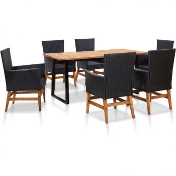 7 Piece Black Outdoor Dining Set with Poly Rattan and Acacia Wood