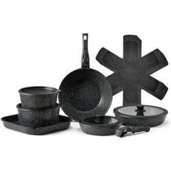 VEVOR 17-Piece Induction Cookware Set with Nonstick Coating, Detachable Handle, Tempered Glass Lids, Oven Safe - Black