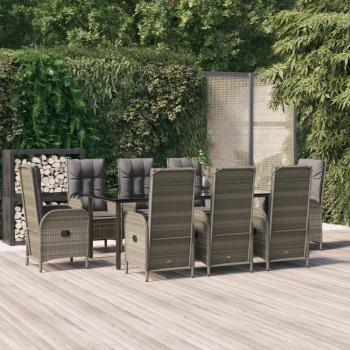 9-Piece Black and Grey Poly Rattan Garden Lounge and Dining Set with Cushions