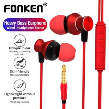 Auriculares Deportivos Intrauditivos FONKEN con Micrófono, Estéreo Bass, Control por Cable, Impermeables, para Xiaomi y iPhone - Rojo