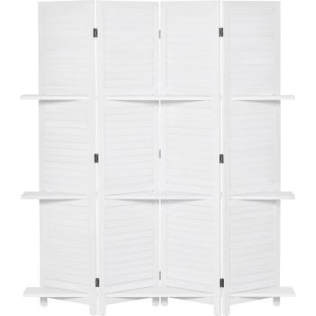 Biombo Separador de Madera de 4 Paneles con Estantes Extraíbles - Blanco