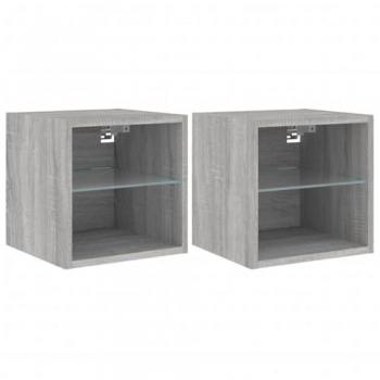 Mueble TV de pared con estantería multimedia y luces LED RGB - 2 piezas - Madera de ingeniería - Gris Sonoma 30 x 28,5 x 30 cm