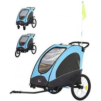 HOMCOM Remolque Infantil 3 en 1 para Bicicleta Carrito para Correr de 2 Plazas para Niños de +6 Meses Plegable Ruedas Giratorias y Manillar Ajustable 150x85x107 cm Azul