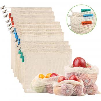 NEWSTYLE Bolsa de Producción Reutilizable,Juego de 10 Bolsas de Malla Reutilizables Perfectas para Productos Frescos, Frutas y Verduras,Lavable y Libre de BPA, 3 Tamaños