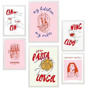 Set de 6 Pósters de Alimentos Pop Art en Tonos Rosas para Decoración de Paredes - Sin Marco, Tamaños A3 y A4
