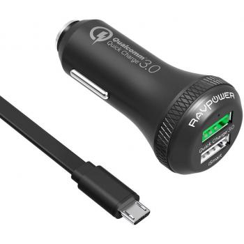 RAVPower Quick Charge 3.0 Cargador De Coche 36W Con Un Cable Micro USB, Tecnología iSmart, Doble Puertos USB