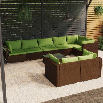 Set de muebles de jardín 9 piezas con cojines de Polyrattan marrón