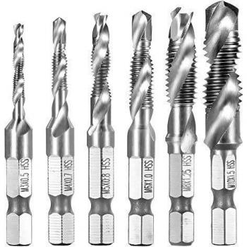 6 Pzas 1/4 HSS M3-M10 taladro de taladro combinado, herramientas de avellanado de eje hexagonal atornillado juego de machos de máquina para plástico de madera de aluminio delgado, no para metal duro