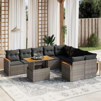10-Piece Grey Poly Rattan Garden Sofa Set with Cushions