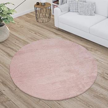 Alfombra Redonda de Pelo Largo Lavable en Lavadora, Suave y Felpa Rosa, Ø 160 cm