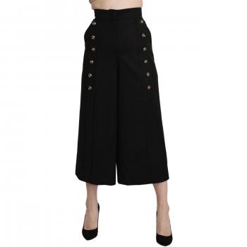 Dolce & Gabbana Black Wide Wool Leg Cropped Trouser Pant - IT36 | XS, Female, Elegant High Waist, Virgin Wool Trousers