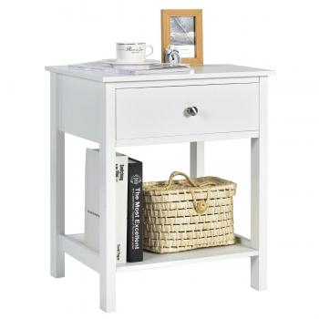 Mesita de Noche con Cajón y Repisa, Mesita Auxiliar 2 Niveles Simple Moderna para Salón Dormitorio Pasillo Blanco - Costway