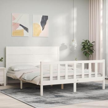 Cama matrimonial king size con cabecero de madera maciza blanca