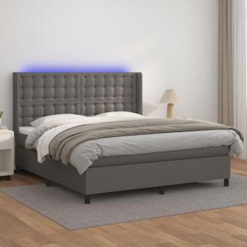 Cama box spring con colchón y LED de cuero sintético gris 180x200 cm, estructura de cama de muelles