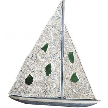 Belssia Velero Decorado Artesanal con Velas Madera Blanco Gris y Verde 47x51x9 cm