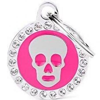My Family Placa de Identificación personalizado para perro Made in Italy, calavera circular de diamantes de imitación fucsia, Placa de identificación de Perro Grabada Gratis, colección Glam