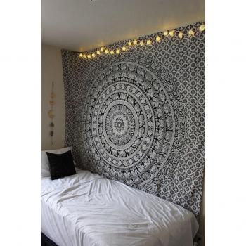Tapiz de mandala para colgar en la pared, tapices de algodón decorativos en blanco y negro, 213 x 137 cm