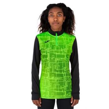 Sudadera Joma Elite VIII mujer negra con detalles en verde flúor, diseño 1/2 zip, adecuada para running y actividades deportivas