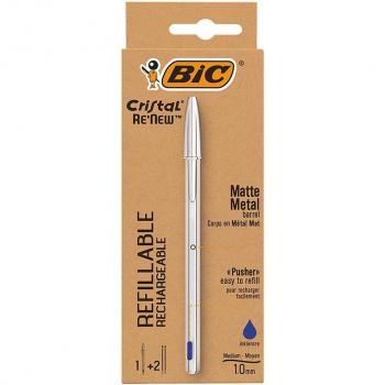 BIC Cristal Re'New Bolígrafo Recargable con Cuerpo Metálico + 2 Recambios, Punta Media 1.0mm, Tinta de Aceite, Color Azul - Pack de