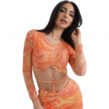 Sixth June Women's Orange Crop Top T-Shirt with Cord Detail