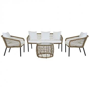 Conjunto de Mesa con 3 Sillones DKD Home Decor Blanco 137 x 73,5 x 66,5 cm ratán sintético Acero