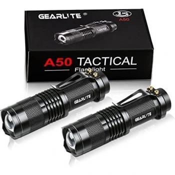 GEARLITE Linternas LED Alta Potencia, 2 Piezas Aluminio Mini Linterna LED con Clip y 3 Modos, IP44 Impermeable Linterna Zoomable para Niños Camping Senderismo Regalo