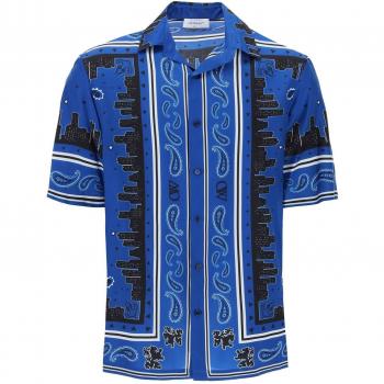 Off-White Men's Bandana Motif Bowling Shirt in Blue | Size Small | OMGG013S24FAB003