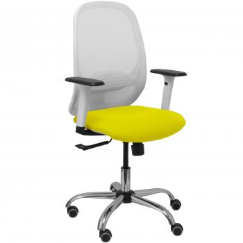 PIQUERAS Y CRESPO - Silla Cilanco blanca malla blanca asiento bali amarillo brazo regulable base cromada ruedas para parqué