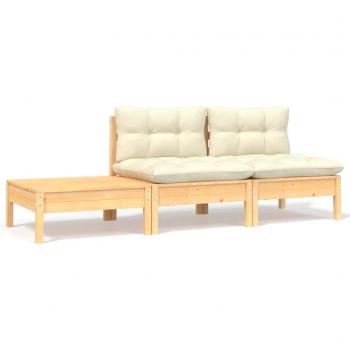 Conjunto de sofás de jardín de 3 piezas con cojines en madera maciza de pino color crema
