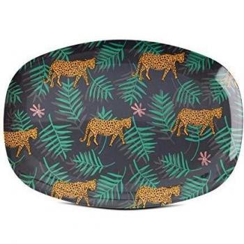 Plato rectangular de melamina de arroz, 30 cm de largo, estampado de leopardo y hojas
