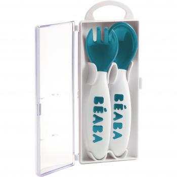 BÉABA, Lote de 2 Cubiertos Ergonómicos de Aprendizaje Segunda edad, A partir de 8 meses, Fácil Manejo para Bebé, Apto para Diestros y Zurdos, Caja de Transporte Incluida, Azul.
