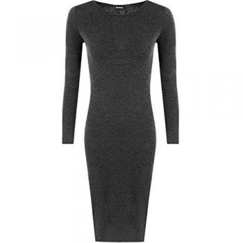 WearAll - Mujeres Tallas Grandes Manga Larga Stretch Bodycon llanura Midi vestido - Gris Oscuro - 52-54
