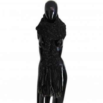 Black Wool Knitted Wrap Foulard Fringe Scarf